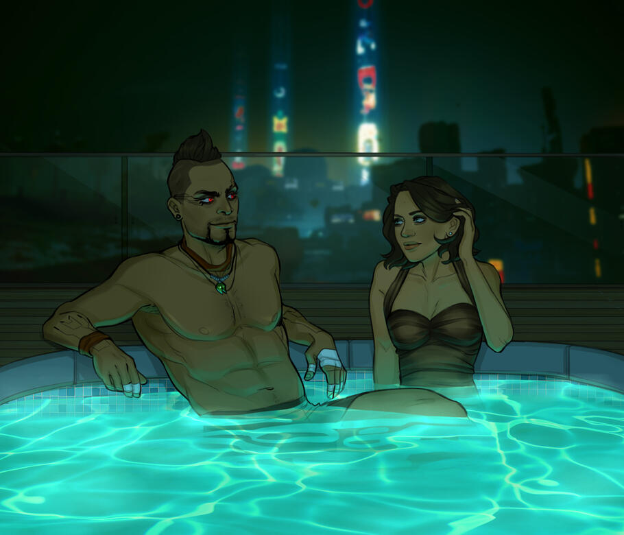 Vaas (@badtrigger) and Brienne share a hot tub at her North Oak estate; ©zaffyrr