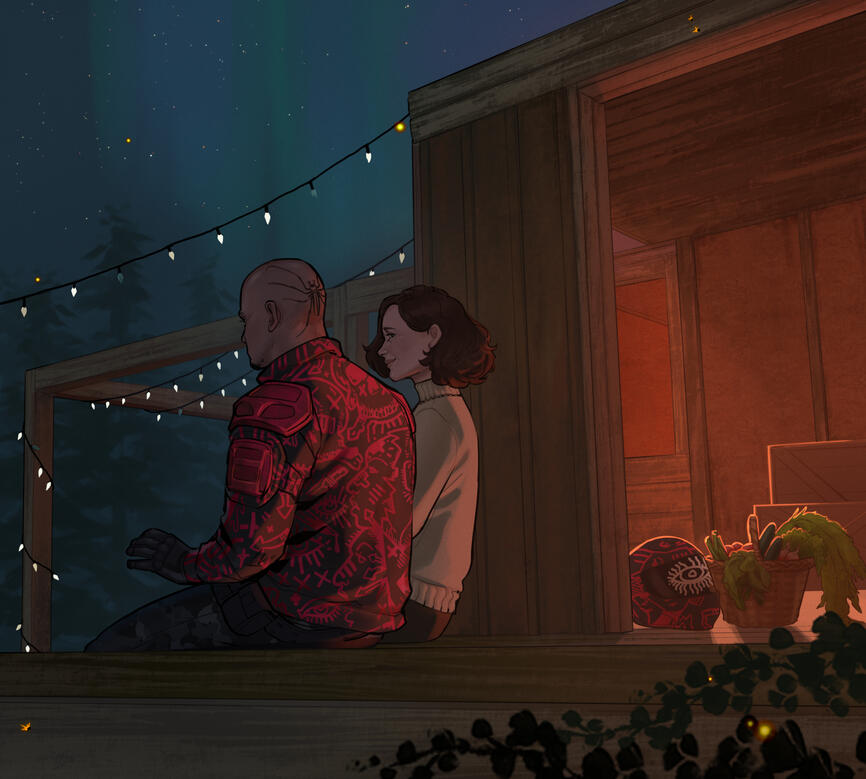 Brienne looks over at Santiago (@badtirgger) under the Aurora Borealis | v: Far Cry New Dawn; ©zaffyrr