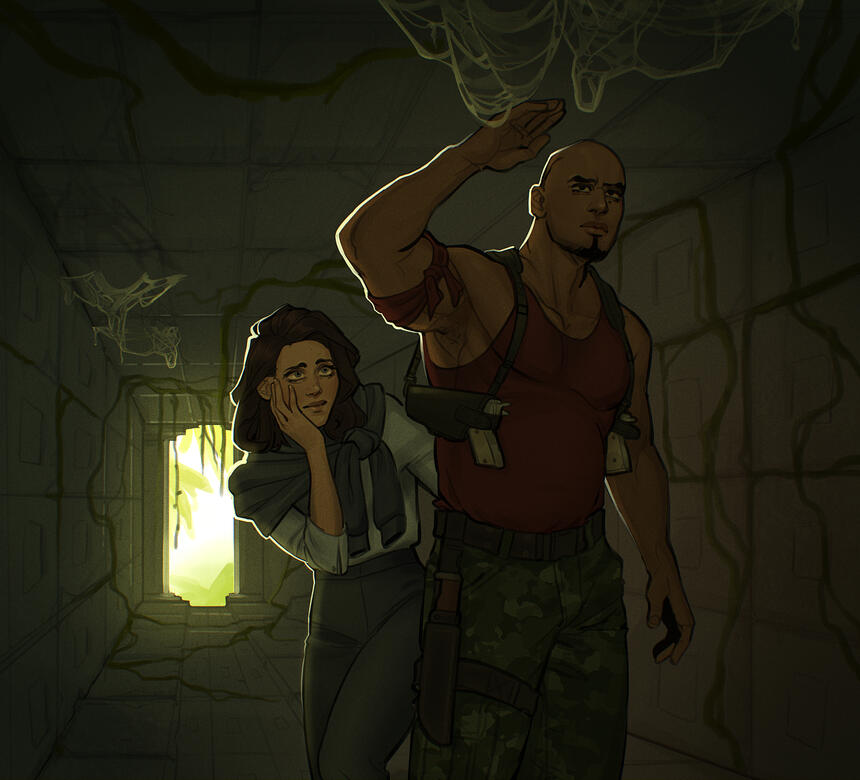 Brienne and Pirate Santiago Moncada (@badtrigger) explore Rook's temple ruins together; ©zaffyrr